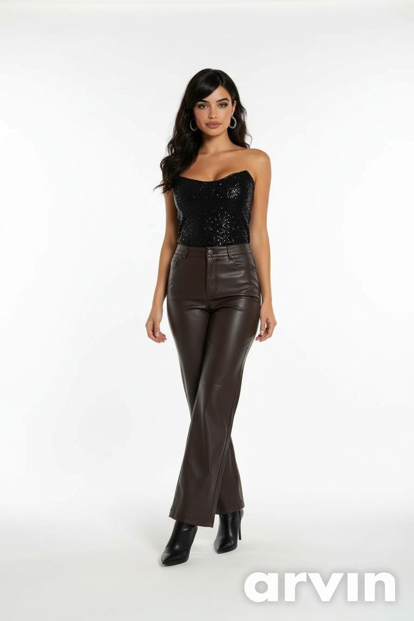 Брюки из экокожи прямого кроя с высокой посадкой