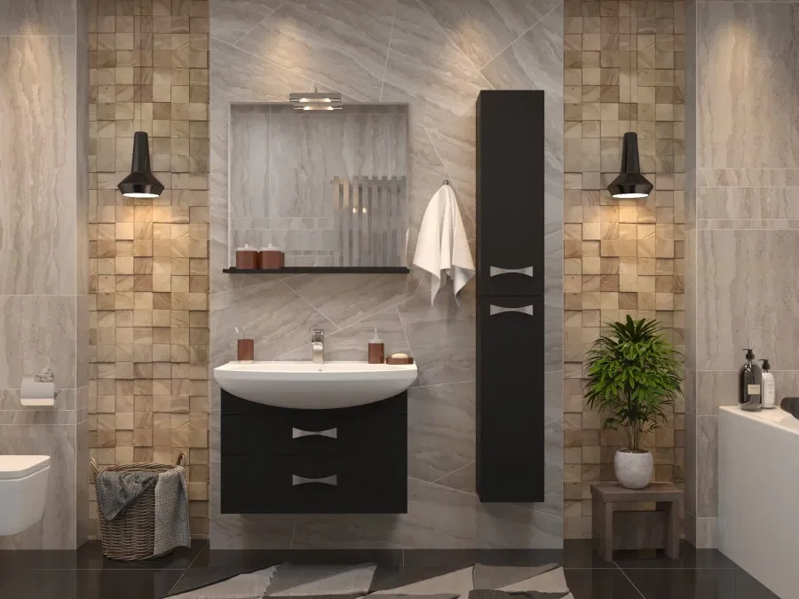 Тумба подвесная Акватон Адель 80 + умывальник Smile 80, чёрный глянец